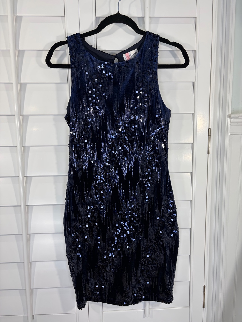 Navy Velvet Sequin Bodycon Sleeveless Sheath Dress (M) - Picture 2 of 12